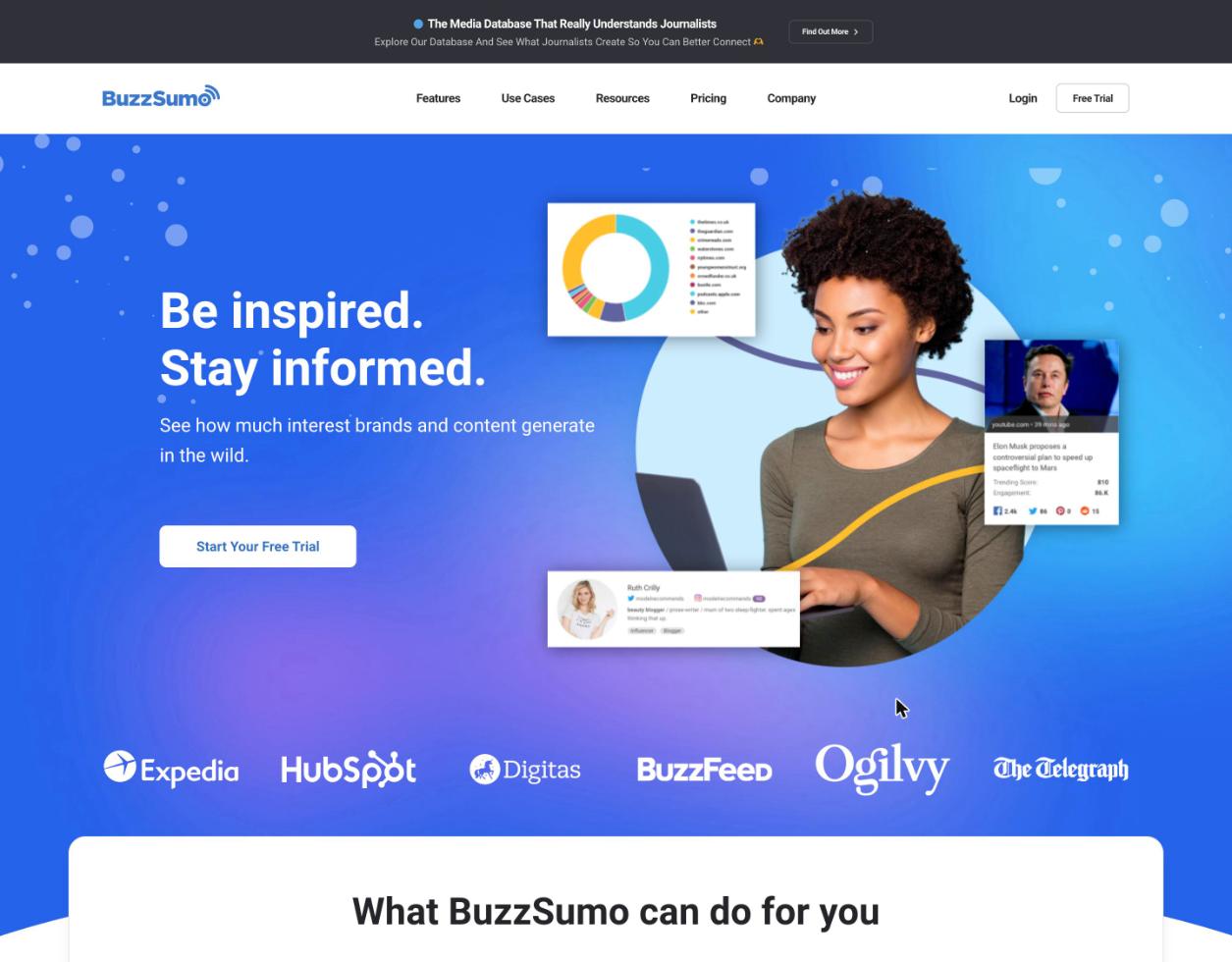 BuzzSumo homepage, a content research and media monitoring tool