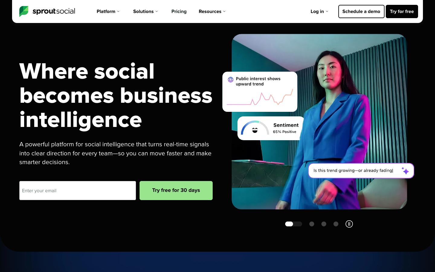 Sprout Social homepage, a publishing platform whose Listening add-on serves as a Brandwatch alternative