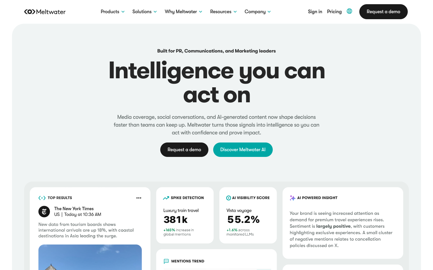 Meltwater homepage, an enterprise media intelligence Brandwatch alternative for PR and comms teams