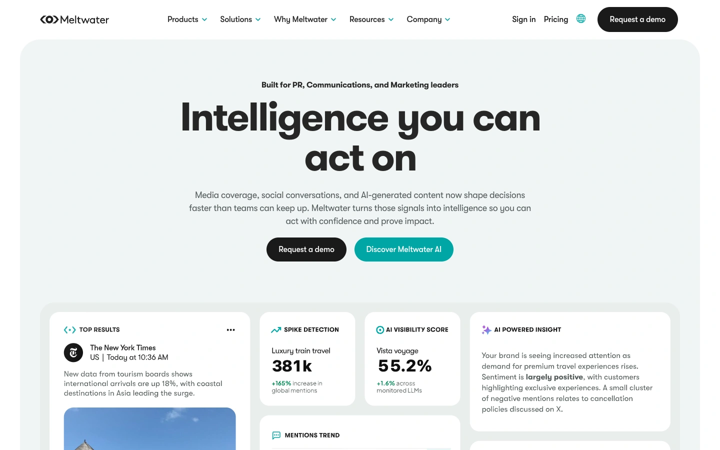 Meltwater homepage, an enterprise media intelligence Brandwatch alternative for PR and comms teams