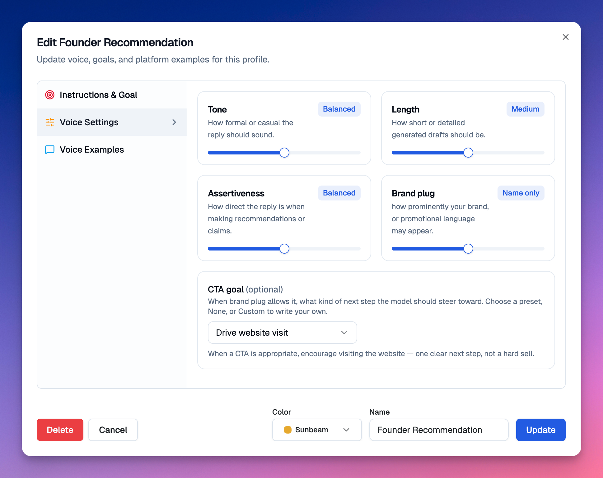 Create your own response profile with your voice and goals