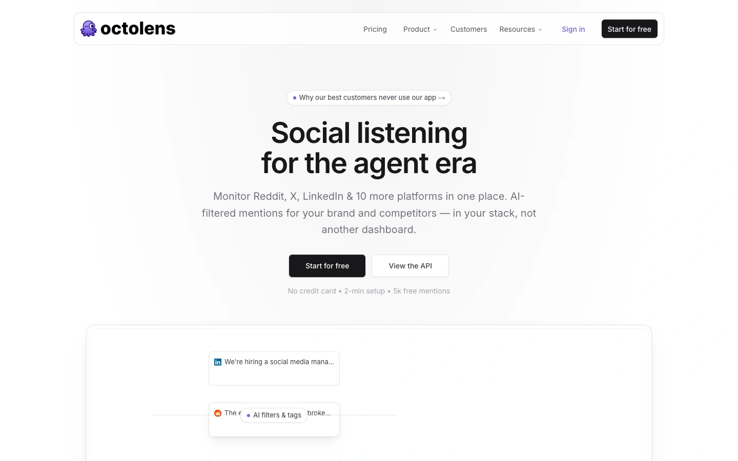 Octolens homepage, a developer-friendly Brand24 alternative for indie hackers and small B2B teams