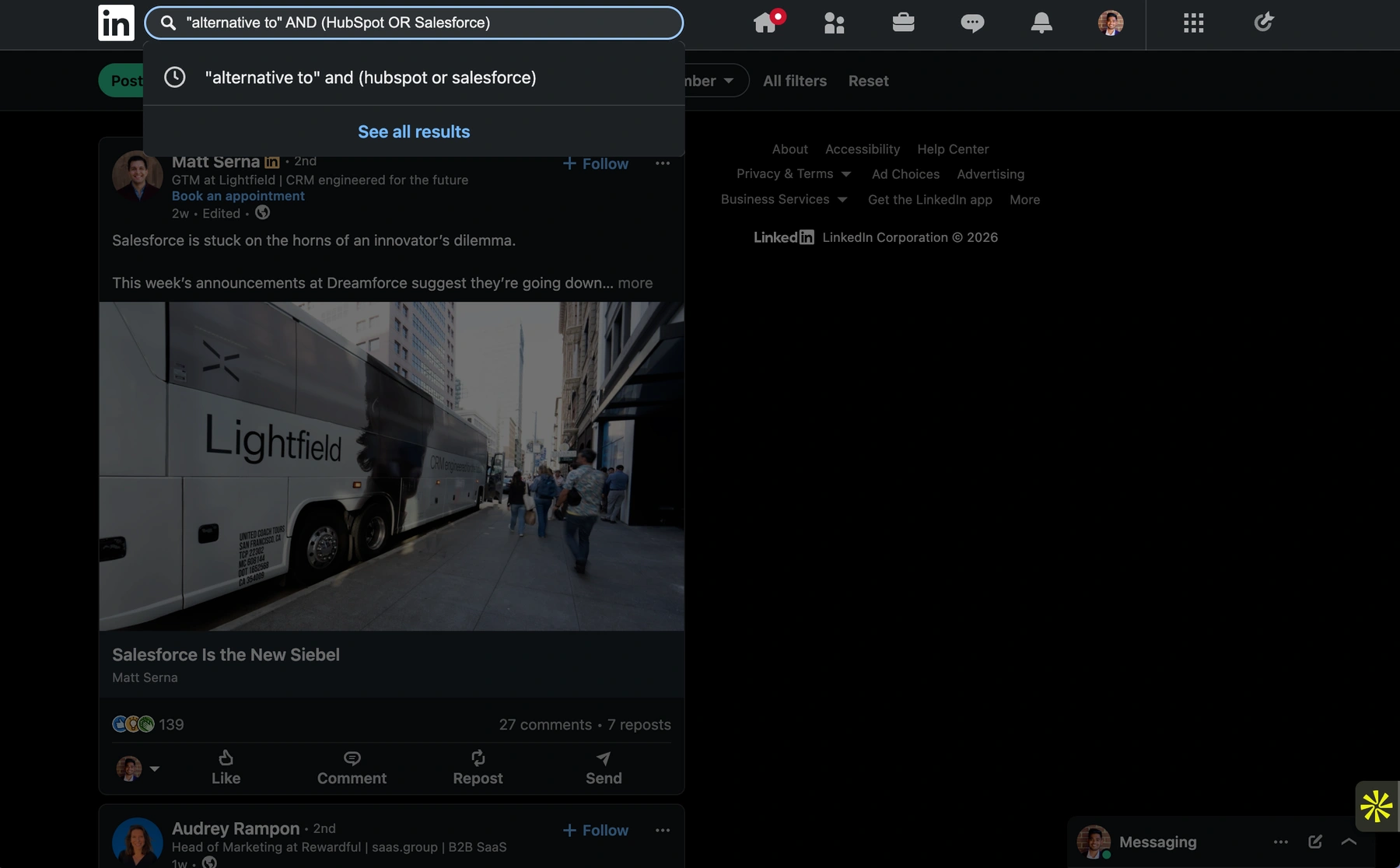 LinkedIn post search for the boolean string "alternative to" AND (HubSpot OR Salesforce), showing a CRM vendor's post about Salesforce in the Posts results