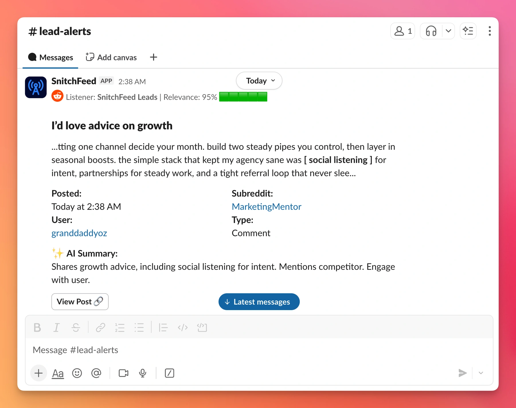 Example of a Slack mention alert from SnitchFeed