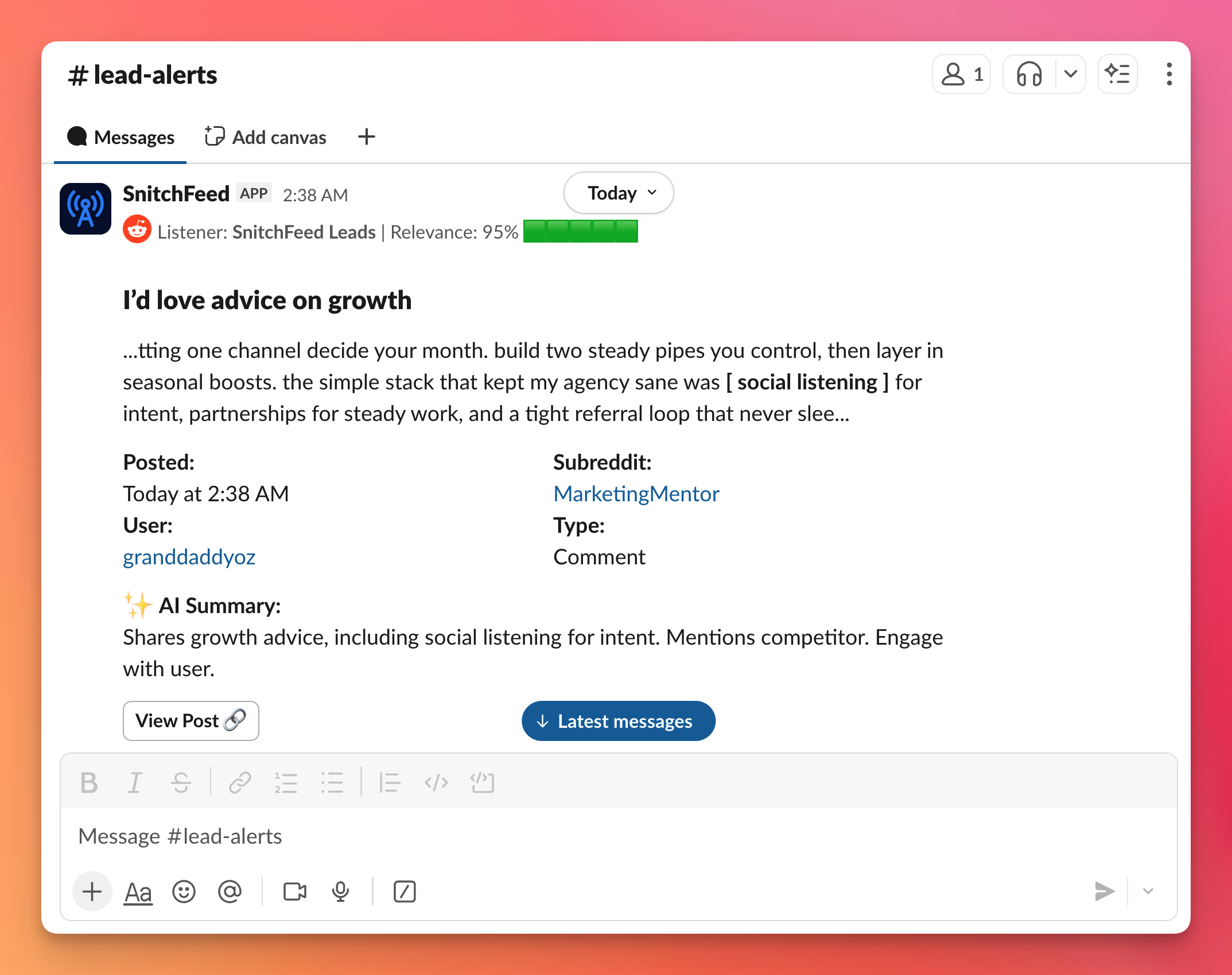 Example of a Slack mention alert from SnitchFeed