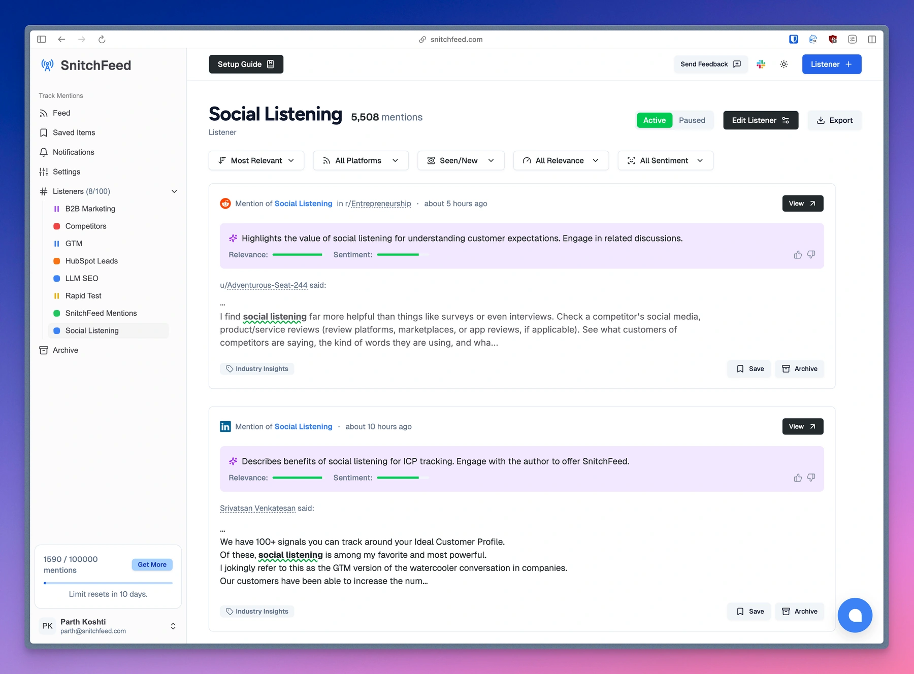 SnitchFeed has accurate AI powered relevance-score based filtering of mentions