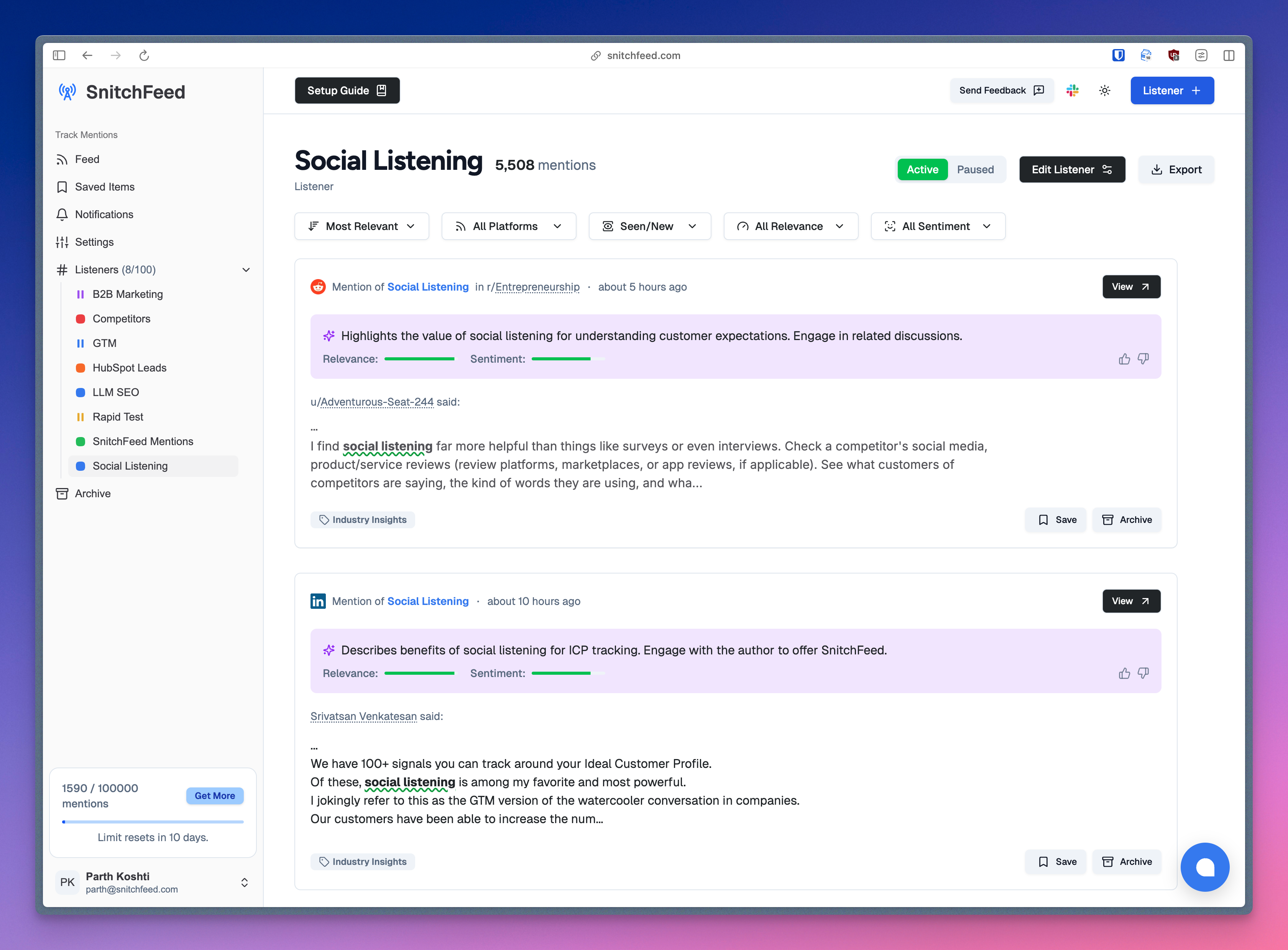 SnitchFeed has accurate AI powered relevance-score based filtering of mentions