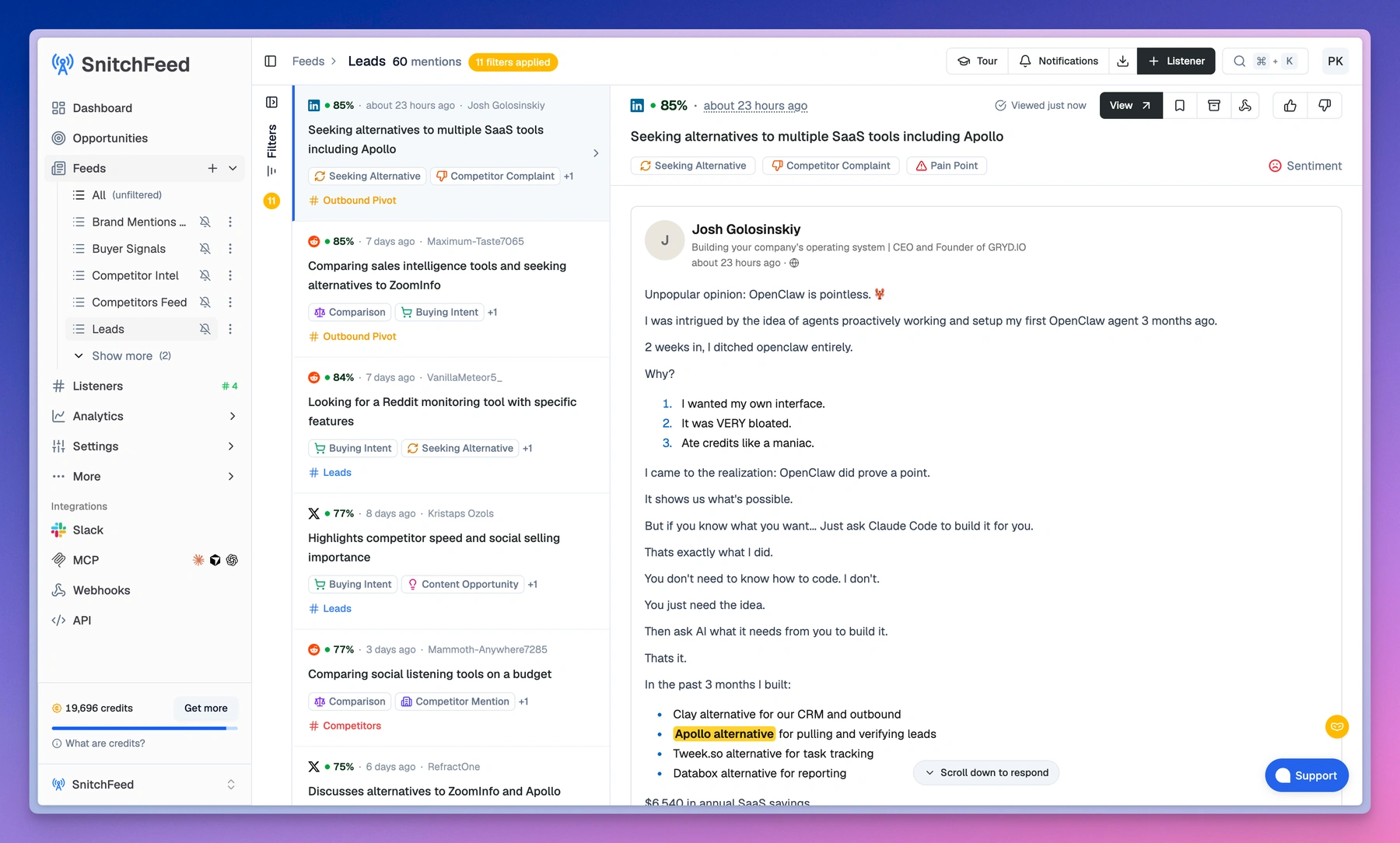 SnitchFeed dashboard showing real-time keyword mentions from Reddit, X, and LinkedIn
