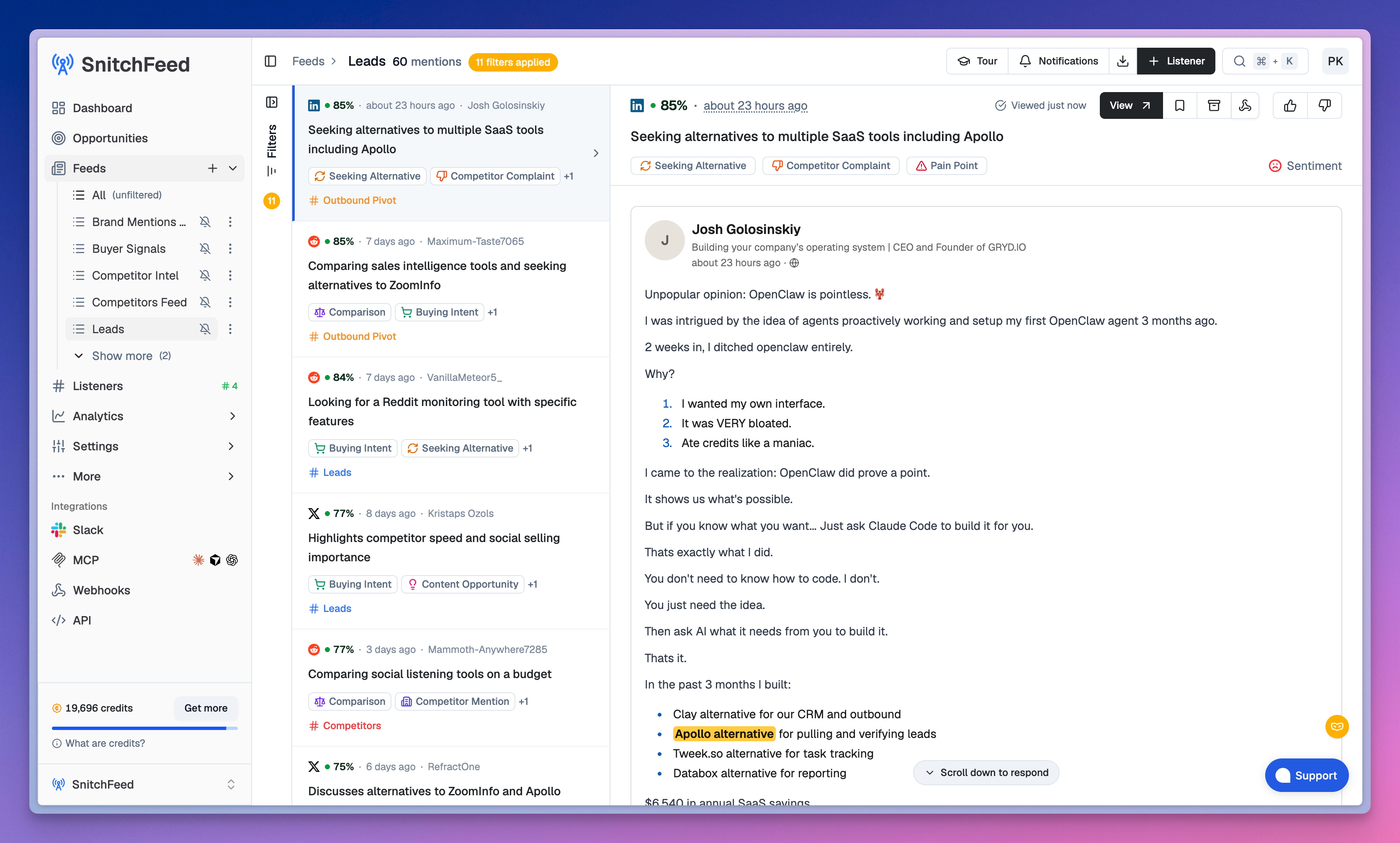 SnitchFeed dashboard showing real-time keyword mentions from Reddit, X, and LinkedIn