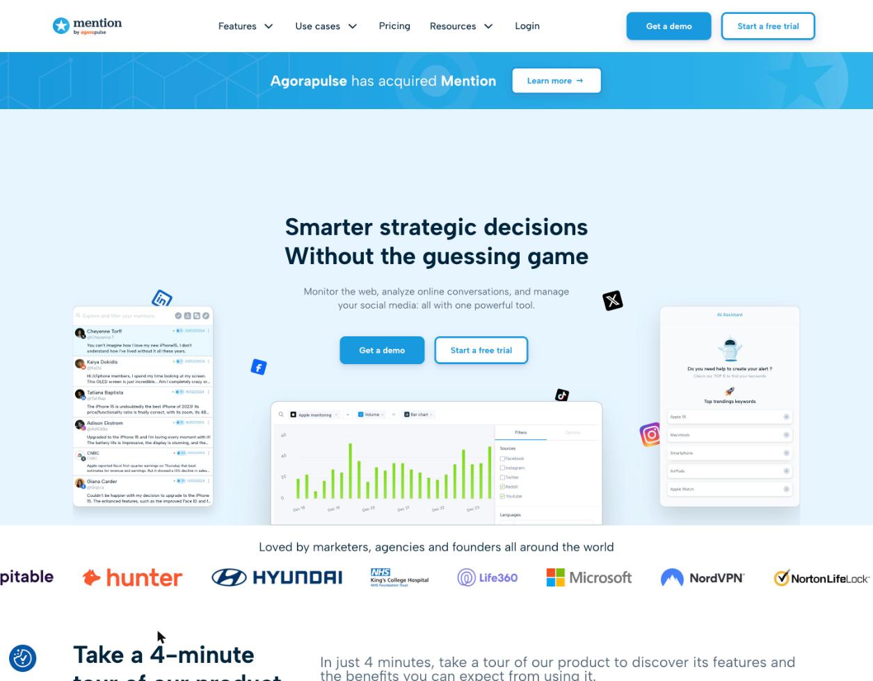 Mention homepage, a social listening and media monitoring tool