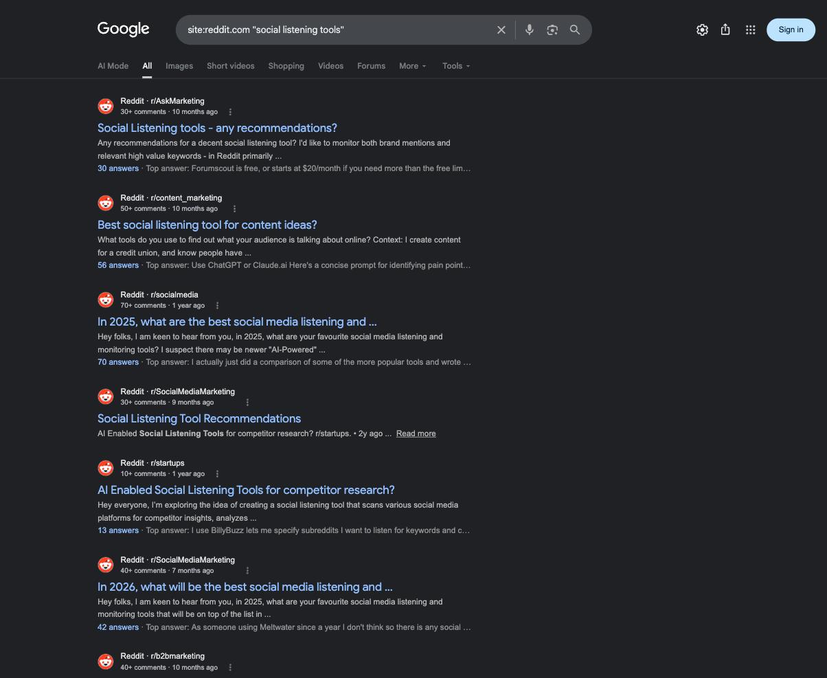 Example Google search results using the site:reddit.com operator