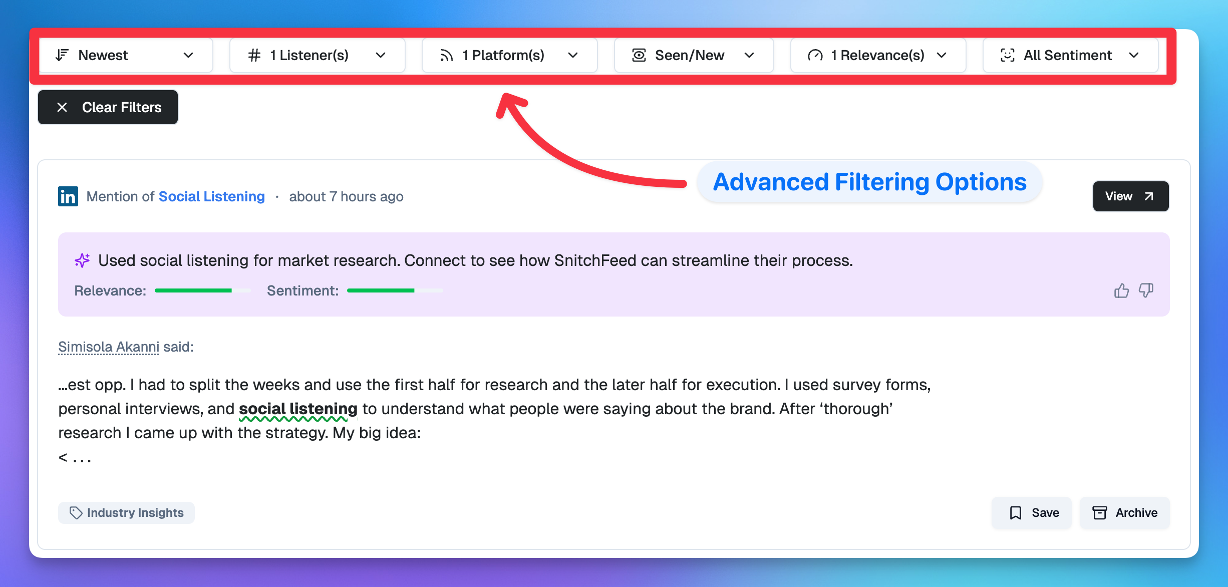 Advanced filtering options available in SnitchFeed mentions feed
