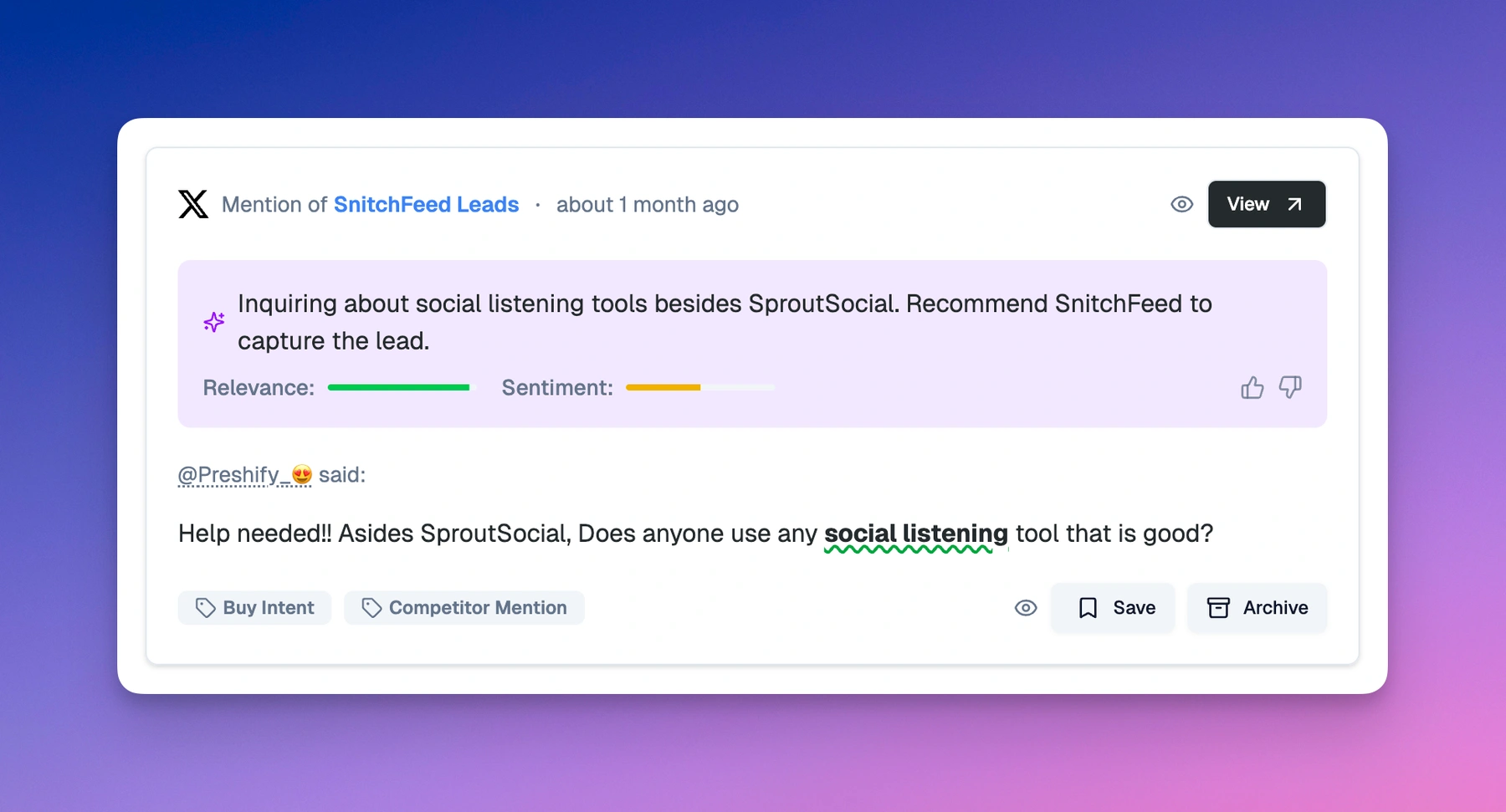 High-intent Tweet caught by SnitchFeed