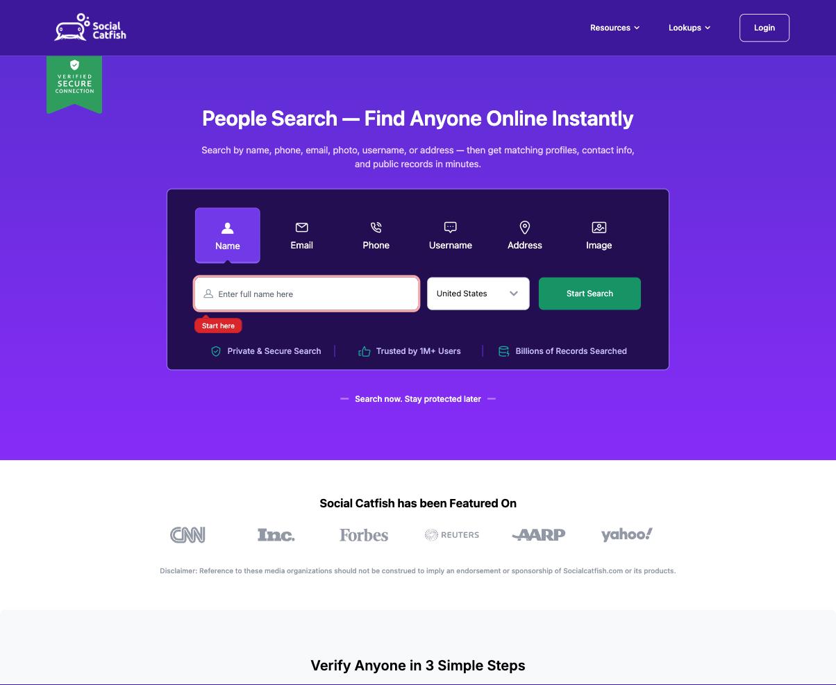 Social Catfish homepage, a people-search engine