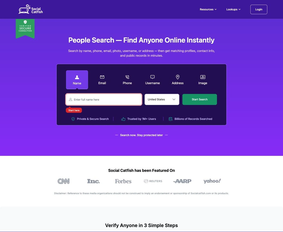Social Catfish homepage, a people-search engine