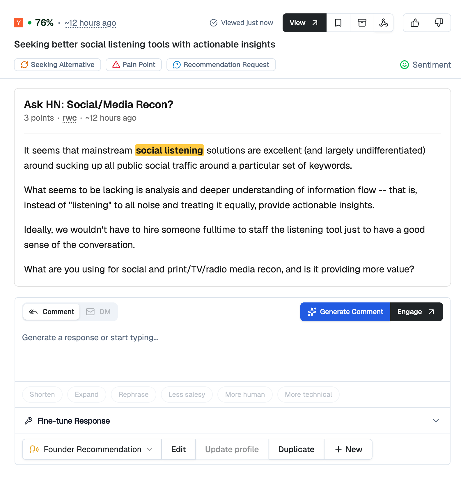 Example Hackernews monitoring mention from SnitchFeed