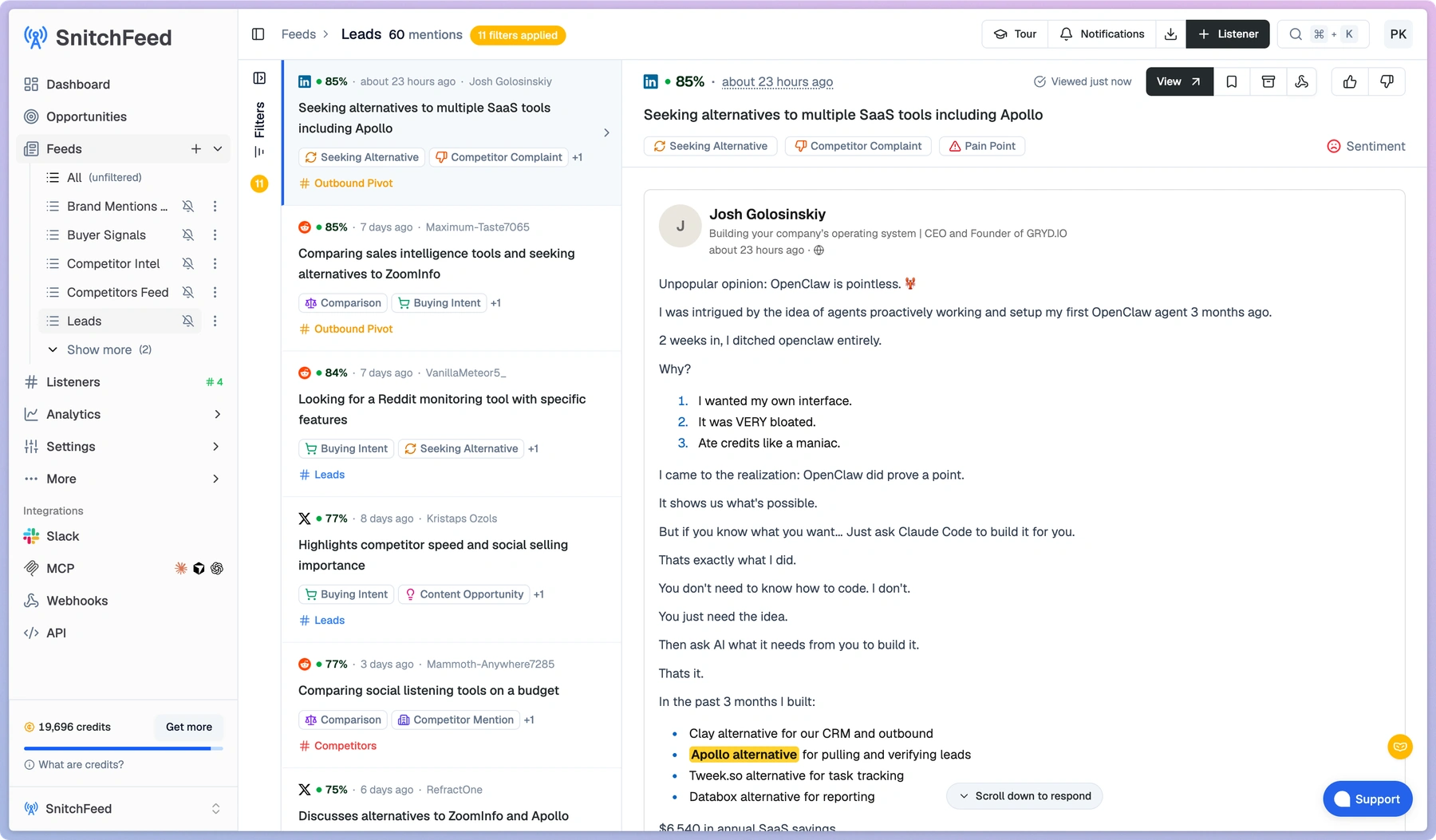 SnitchFeed dashboard showing competitor mentions tagged by intent, including "Seeking Alternative" and "Competitor Complaint," alongside a sentiment score on each post