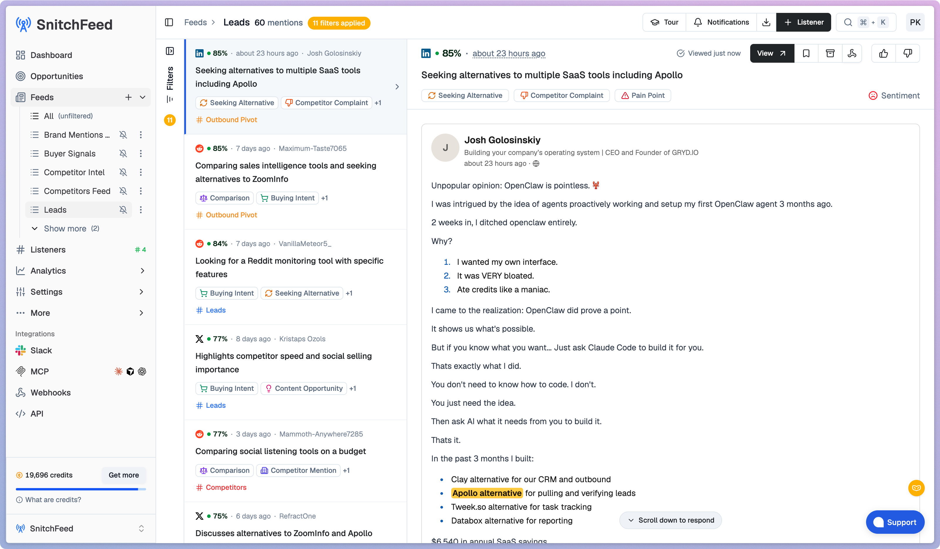 SnitchFeed dashboard showing competitor mentions tagged by intent, including "Seeking Alternative" and "Competitor Complaint," alongside a sentiment score on each post