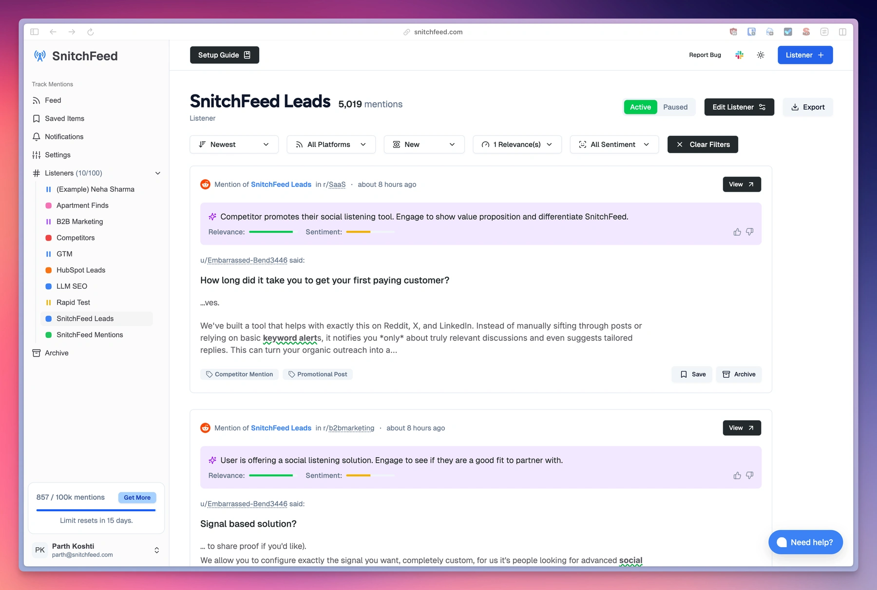 SnitchFeed dashboard showing a high-intent Reddit post flagged as relevant