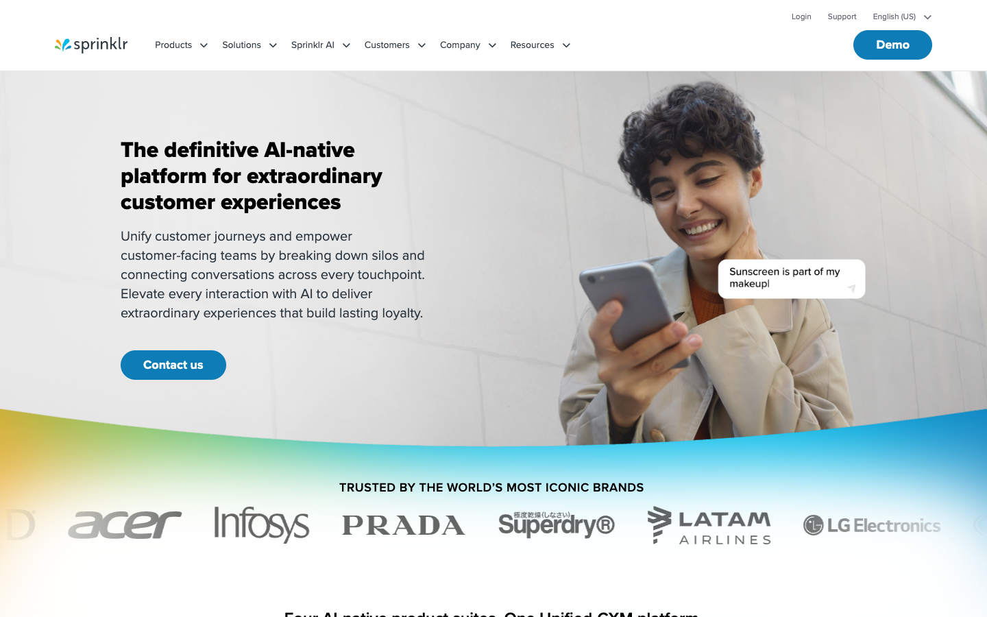 Sprinklr homepage, an enterprise customer experience platform and Brandwatch alternative