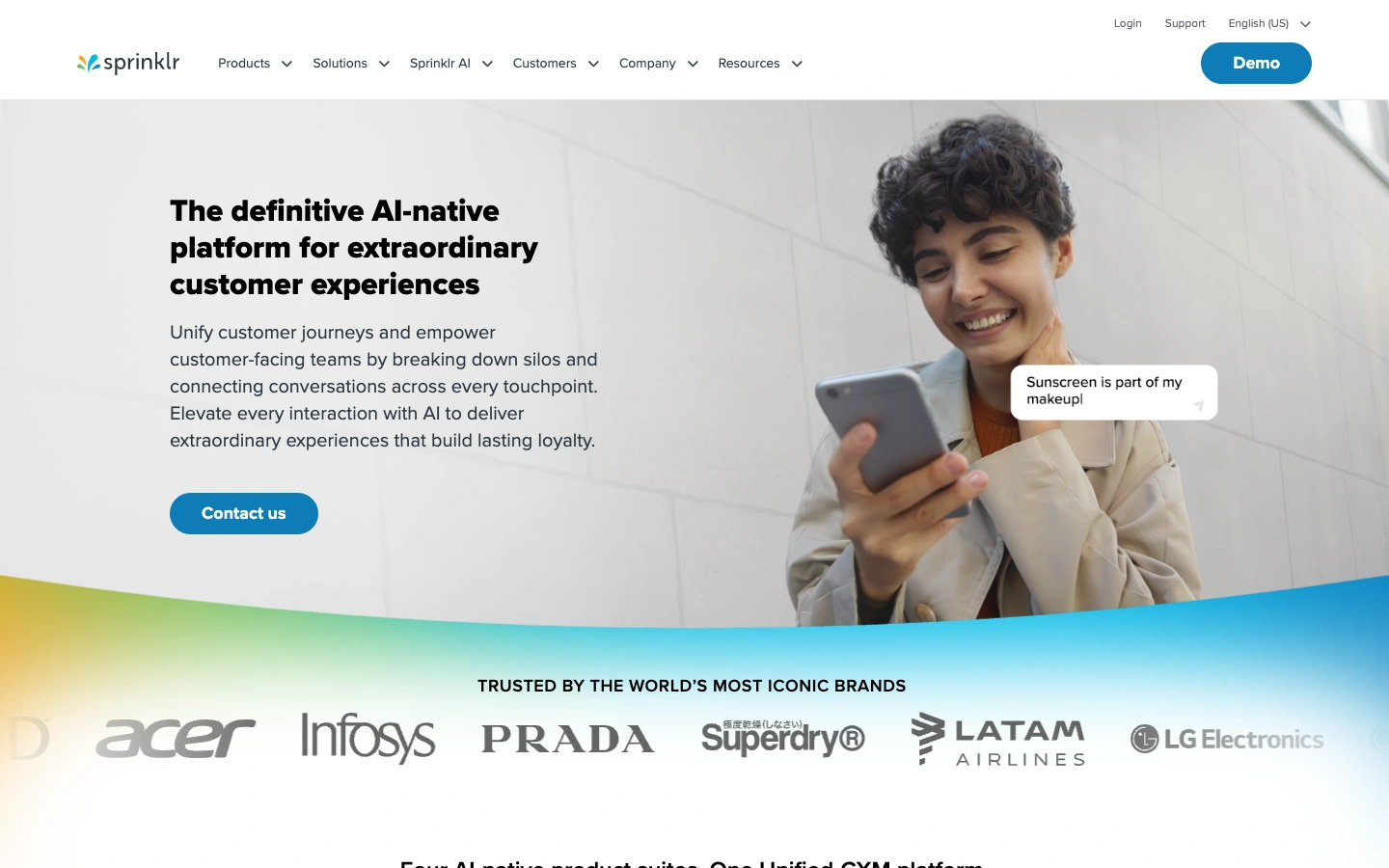 Sprinklr homepage, an enterprise customer experience platform and Brandwatch alternative