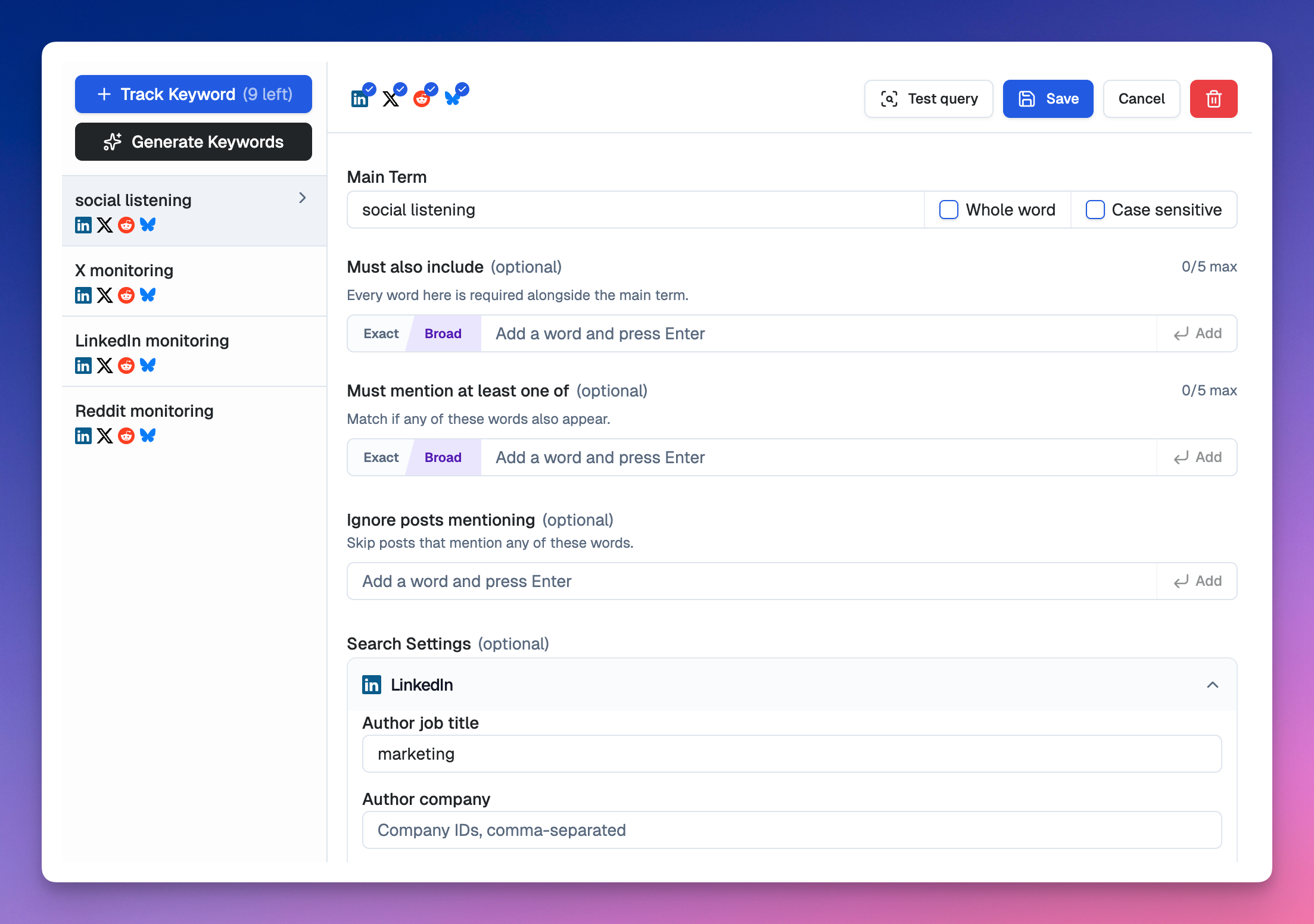 Boolean query builder in SnitchFeed