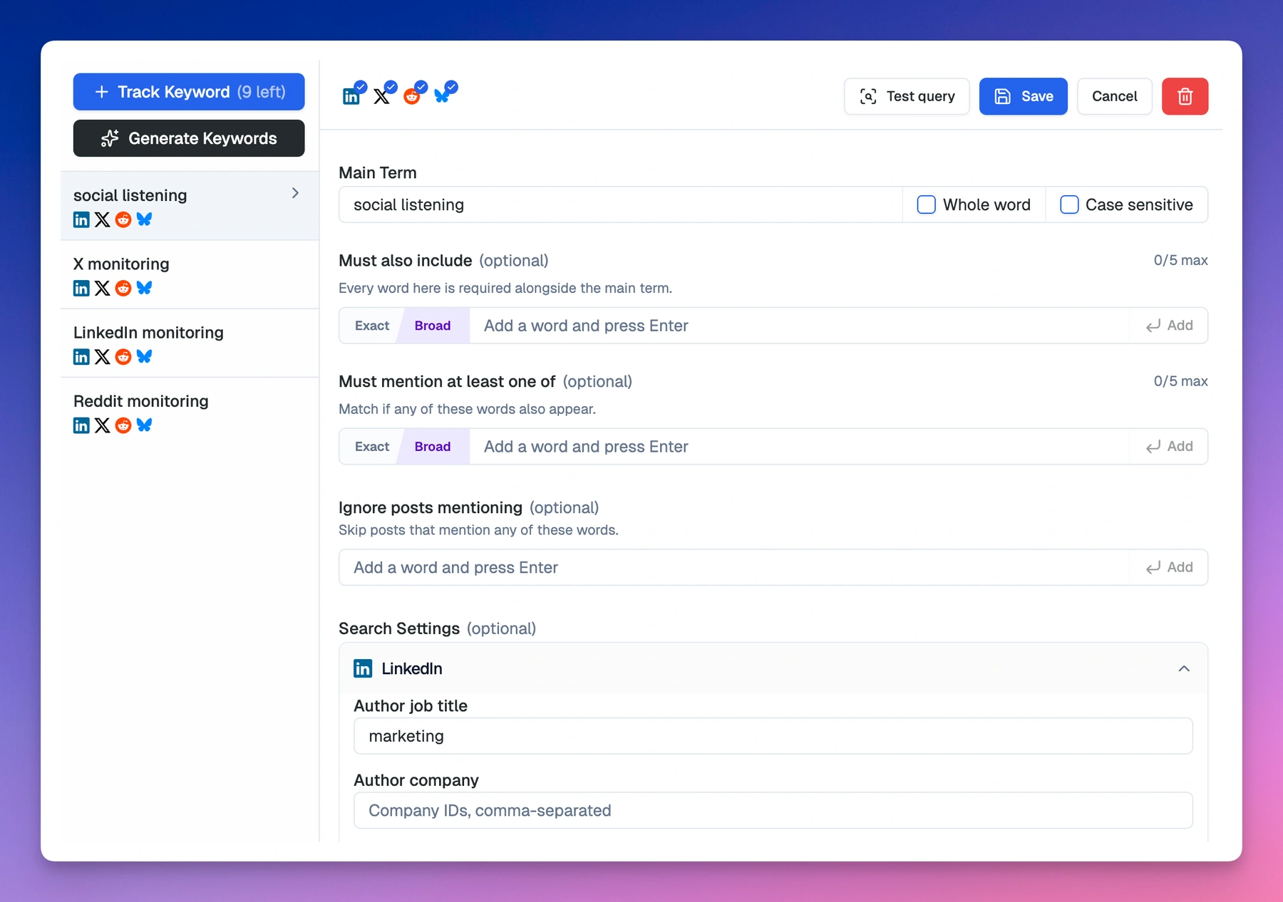 Boolean query builder in SnitchFeed
