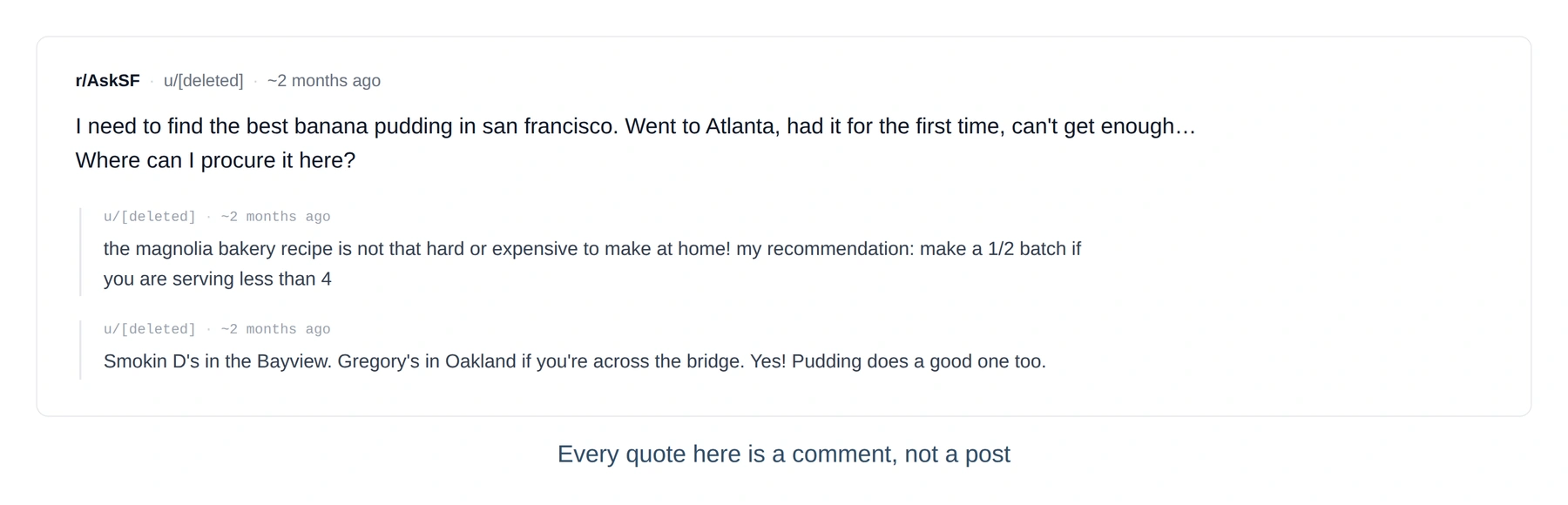 AskSF thread: "I need to find the best banana pudding in san francisco" with replies naming local alternatives