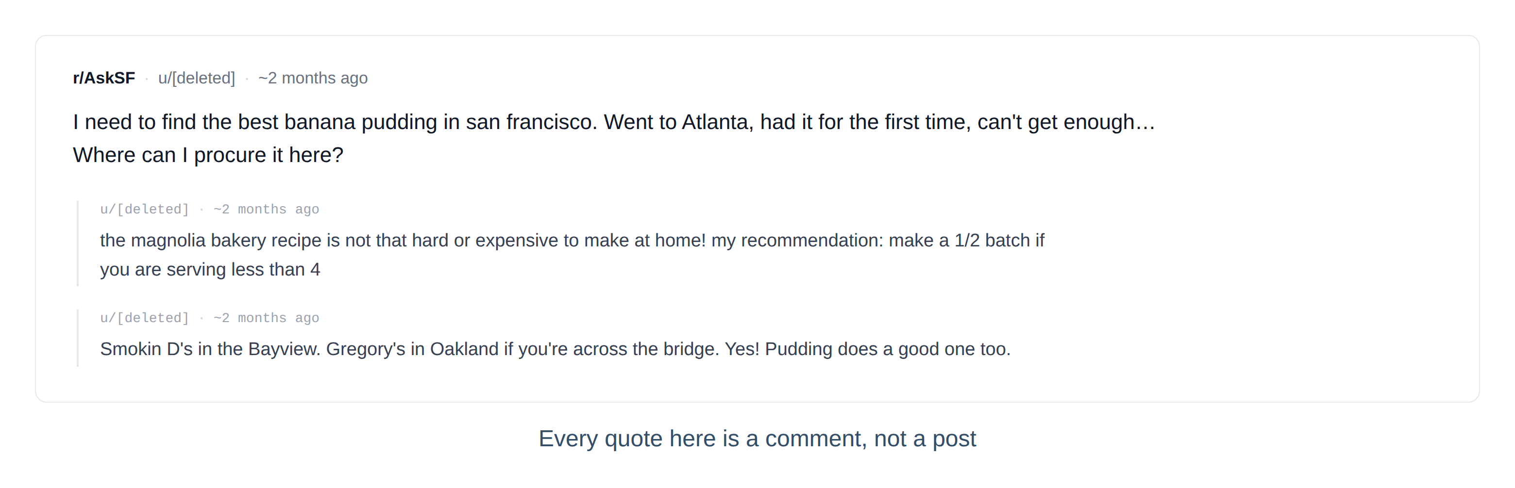 AskSF thread: "I need to find the best banana pudding in san francisco" with replies naming local alternatives