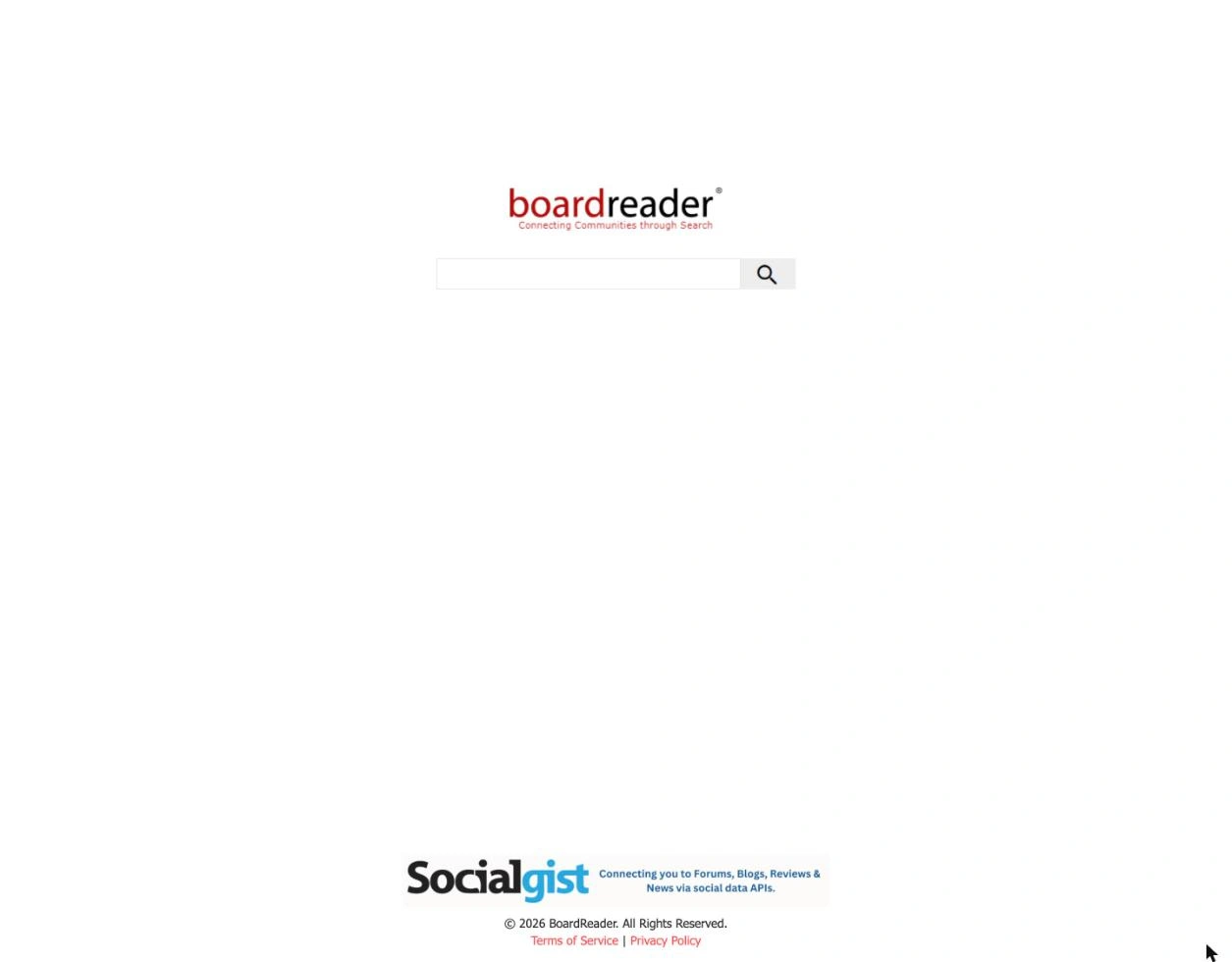 Boardreader homepage, a forum and message board search engine