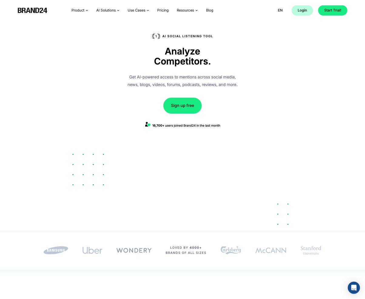 Brand24 homepage, an AI social listening tool
