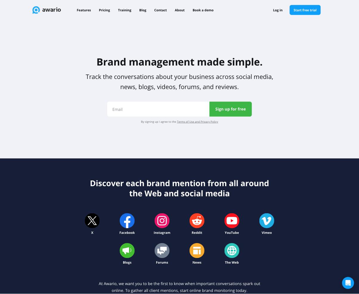 Awario homepage, a brand monitoring tool