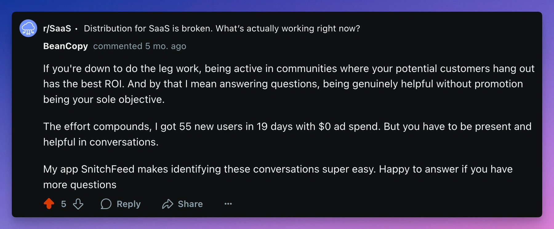 Reddit comment example with SnitchFeed mention