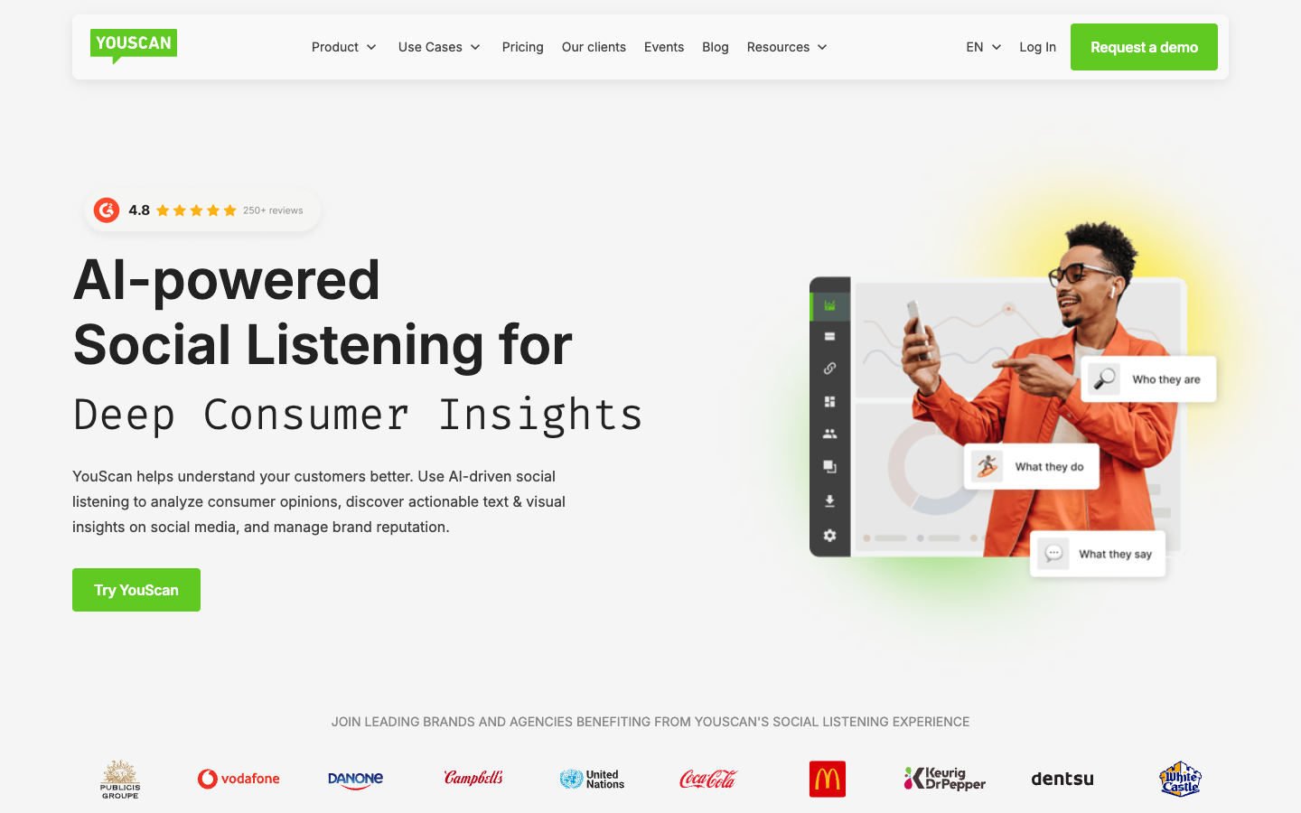 YouScan homepage, a visual social listening Brandwatch alternative with image and logo recognition