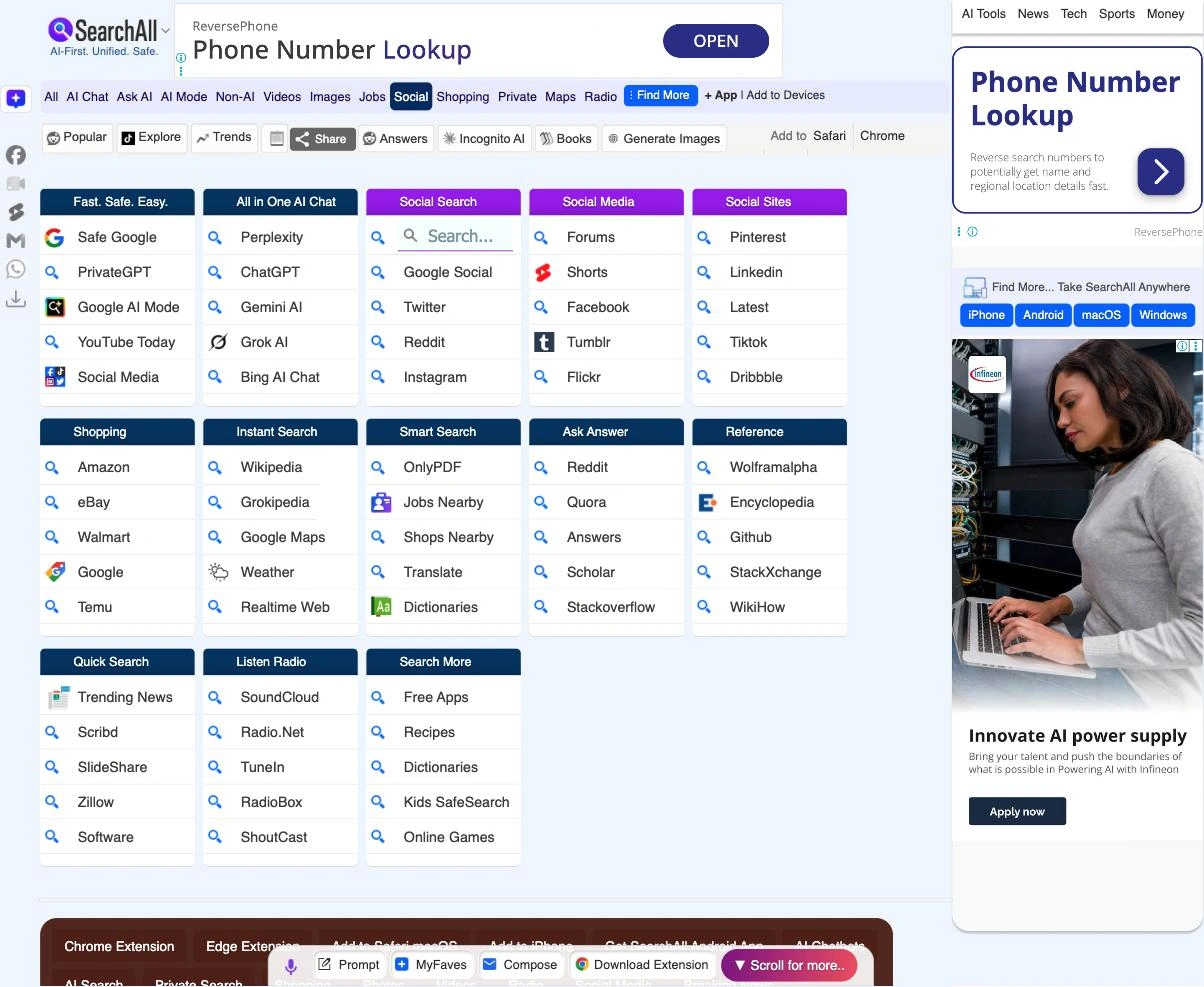 SearchAll.net homepage, a free multi-platform search aggregator