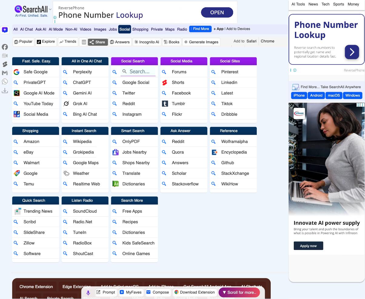 SearchAll.net homepage, a free multi-platform search aggregator