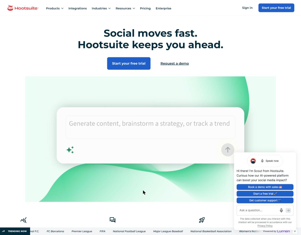 Hootsuite homepage, a social media management tool